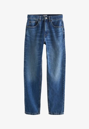 Blue denim jeans with a straight-leg cut, five pockets, visible stitching, and a slightly faded finish. Consistent texture throughout.