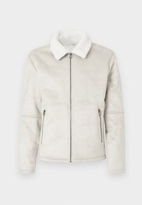 Giacca in eco-pelle grigio chiaro con colletto in shearling bianco, zip frontale e due tasche laterali con zip. Tessuto liscio e vestibilità su misura.