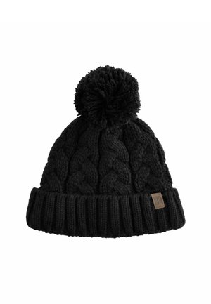 Beanie nera in maglia con un motivo a treccia testurizzato, bordo a coste e un pompon soffice sulla sommità. Presenta una piccola etichetta in pelle con il marchio.