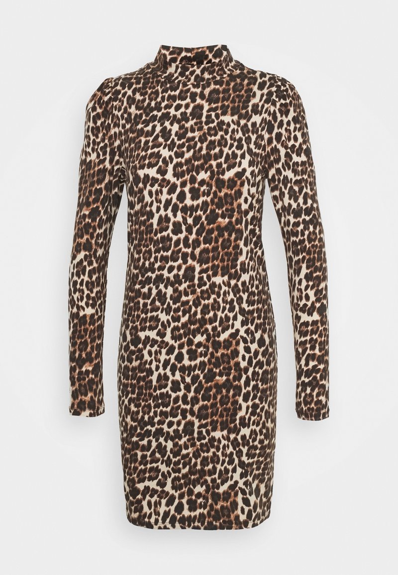 Robe bodycon à manches longues et col haut avec un motif léopard brun et noir couvrant toute la surface.