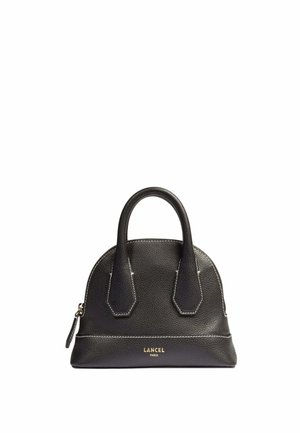 Sac à main en cuir noir avec un design structuré, doté de deux poignées, d'une fermeture éclair et d'accents en logo doré. Surface texturée avec des surpiqures blanches.