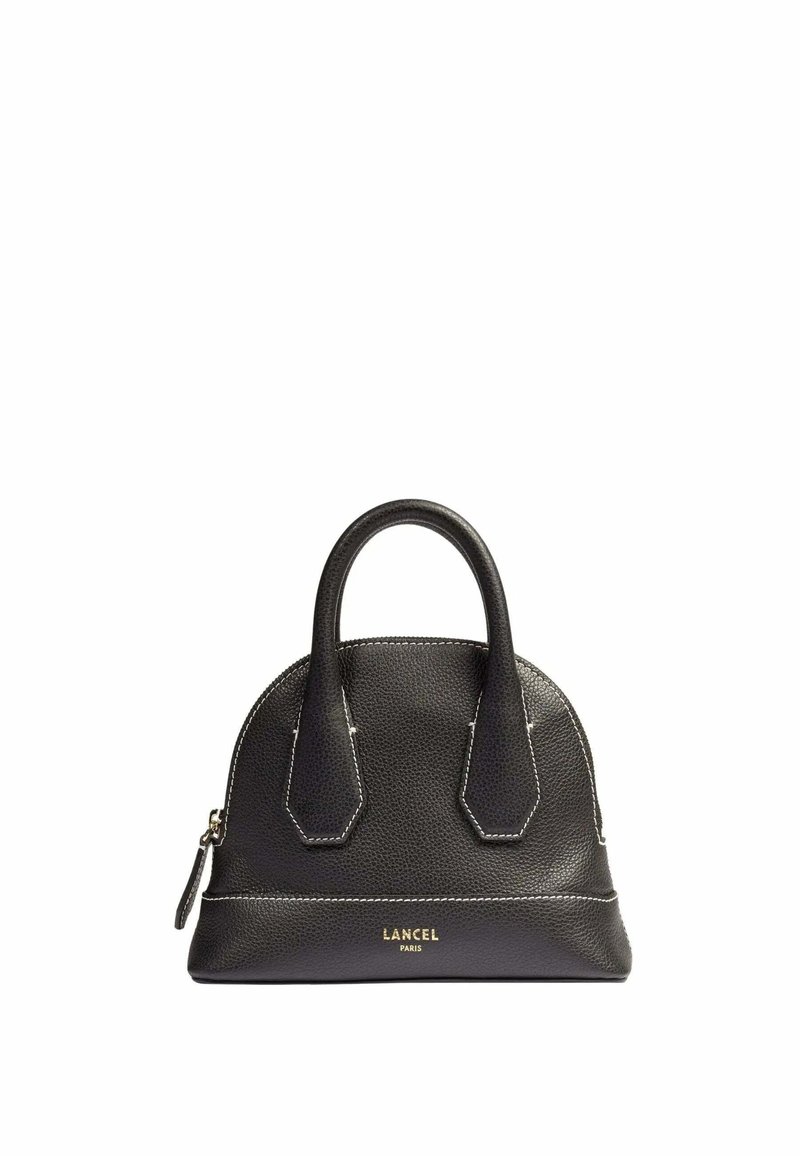 Sac à main en cuir noir avec un design structuré, doté de deux poignées, d'une fermeture éclair et d'accents en logo doré. Surface texturée avec des surpiqures blanches.