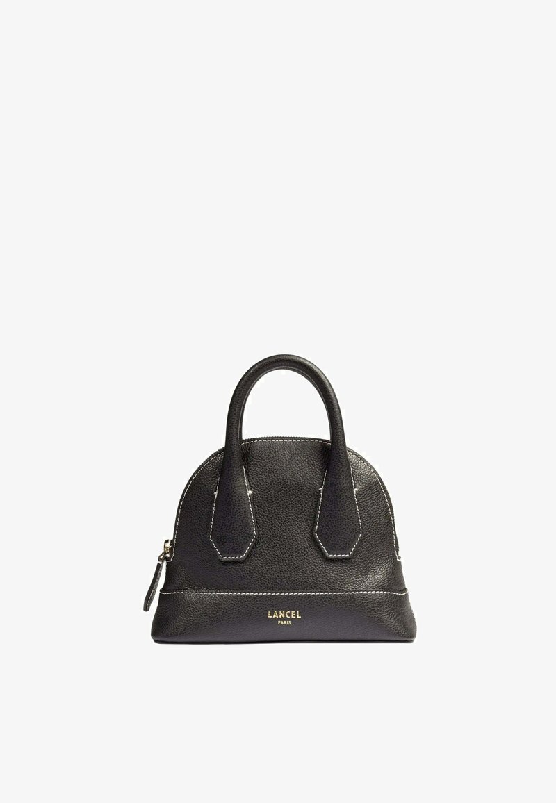 Sac à main en cuir noir avec un design structuré, doté de deux poignées, d'une fermeture éclair et d'accents en logo doré. Surface texturée avec des surpiqures blanches.