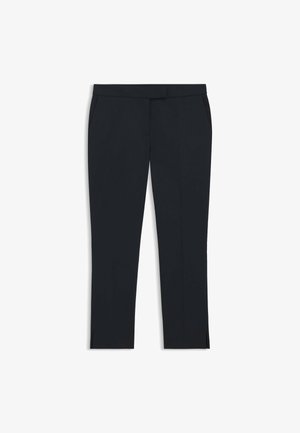 Black trousers featuring a smooth fabric, straight leg design, side pockets, and slight slits at the hem for added detail.