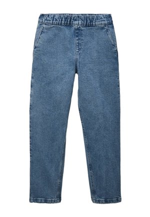 Pantalon en denim bleu avec une taille élastique, design à jambes droites, poches latérales et un minimum de détails de couture. Pas de matériel ou de motifs visibles.