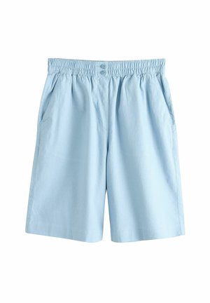 Hellblaue kniehohe Shorts mit elastischem Bund, zwei Knöpfen vorne und Seitentaschen, dargestellt vor weißem Hintergrund.