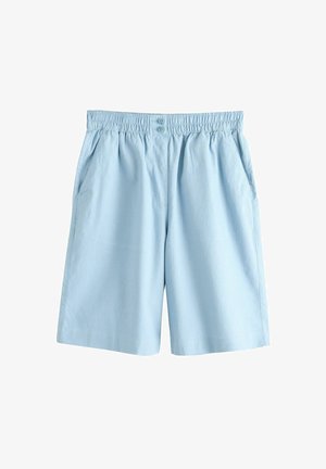 Pantaloni scurți de culoare albastru deschis, până la genunchi, cu talie elastică, doi nasturi în față și buzunare laterale, afișați pe un fundal alb.