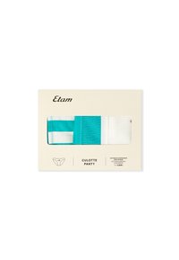 Trois culottes en coton rayées turquoise et blanches dans un emballage beige de la marque Etam avec une fenêtre transparente.