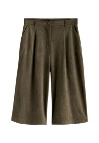 Oliivirohelised, laia säärega culottes, mis on valmistatud pehmest, seemisnahka meenutavast materjalist; esiküljel taskud, nööpkinnitus ja volditud disain.