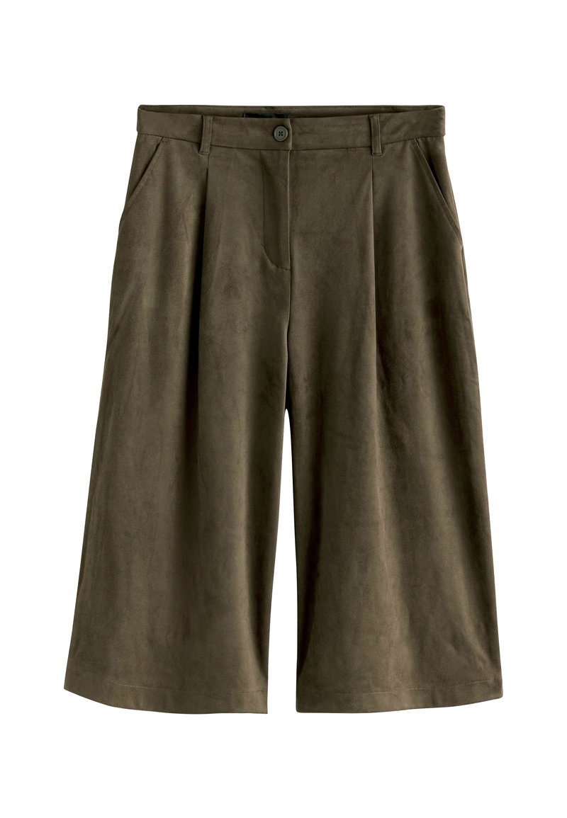 Oliivirohelised, laia säärega culottes, mis on valmistatud pehmest, seemisnahka meenutavast materjalist; esiküljel taskud, nööpkinnitus ja volditud disain.