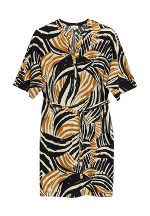 Sukienka midi z krótkim rękawem z abstrakcyjnym wzorem prążków zebry w kolorach czarnym, beżowym i brązowym oraz materiałowym paskiem w talii.