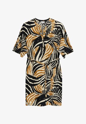 Midi-jurk met korte mouwen met een abstract zwart, beige en bruin zebraprintpatroon en een stoffen ceintuur in de taille.