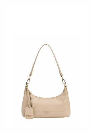 Borsa a tracolla in pelle beige con accessori color oro, chiusura con zip e una targhetta con il marchio appesa a un lato.