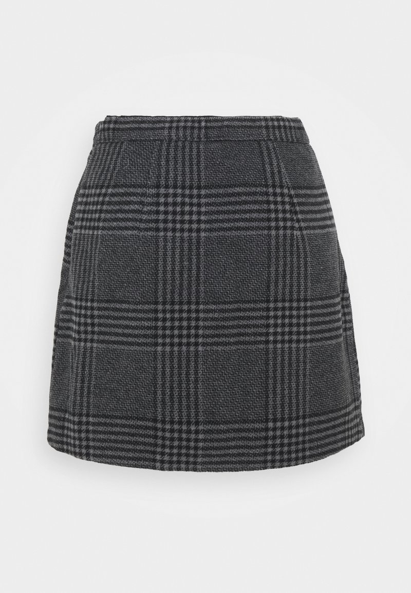 Mini-jupe gris foncé avec un motif écossais noir et une taille élastique, présentée sur fond blanc.