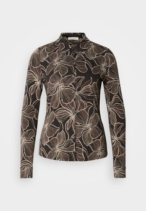Schwarzes Hemd mit einem floralen Muster in Creme. Langärmlig, mit durchgehender Knopfleiste und strukturiertem Kragen. Glatte Stoffoberfläche.