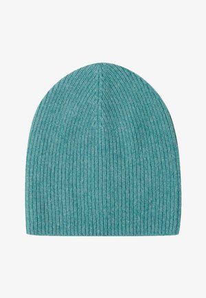 Berretto lavorato a maglia in teal con una texture a coste e una parte superiore arrotondata, progettato per adattarsi saldamente. Nessun hardware o decorazioni visibili.
