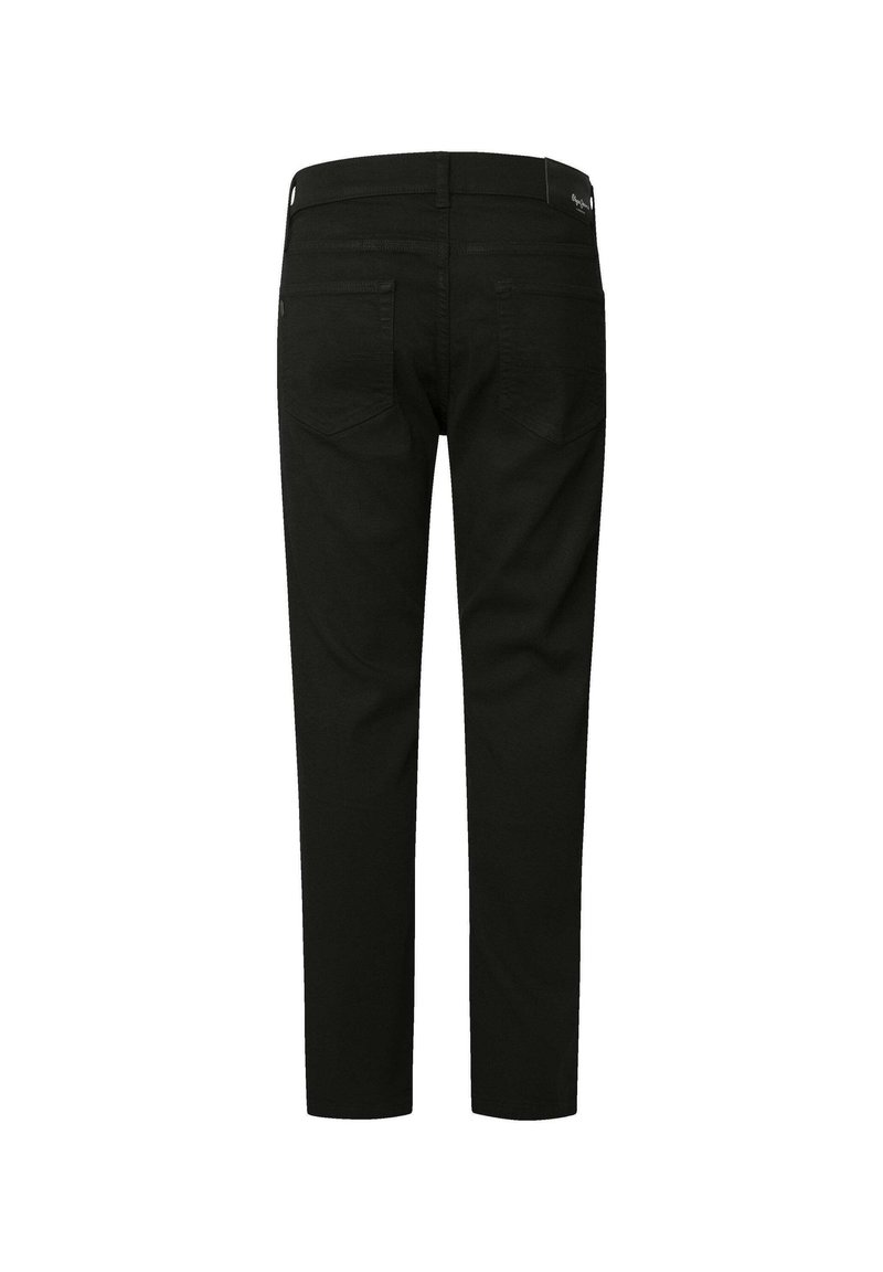 Schwarze Jeans mit schmaler Passform, ausgestattet mit Gesäßtaschen und einer Mittelhohen Taille. Glatte Textur und saubere Verarbeitung ohne sichtbare Branding.