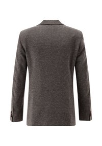 Grau blazer aus strukturiertem Material, einreihiges Design, mit Reverskragen und Knopfdetails an den Ärmeln. Rückansicht angezeigt.