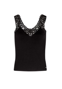 Czarny dopasowany top na ramiączkach z dekoltem w serek i szerokim koronkowym wykończeniem na ramiączkach, wykonany z miękkiego materiału dla zapewnienia komfortu. Zawiera subtelny detal z logo.