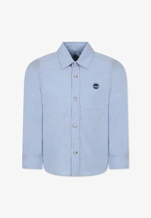 Camicia a maniche lunghe azzurro chiaro in cotone, con colletto a punta, bottoni frontali e un piccolo logo ricamato sul petto.