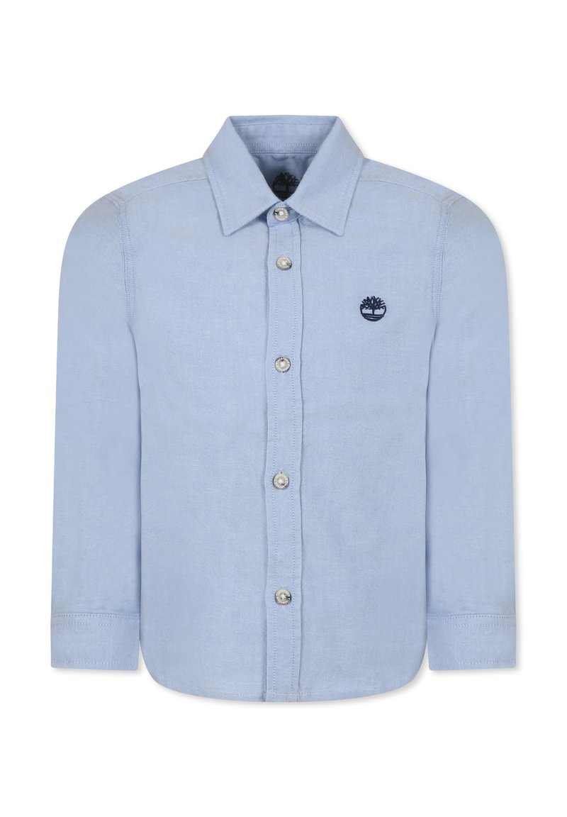 Chemise à manches longues bleu clair en coton, dotée d'un col boutonné, de boutons à l'avant et d'un petit logo brodé sur la poitrine.