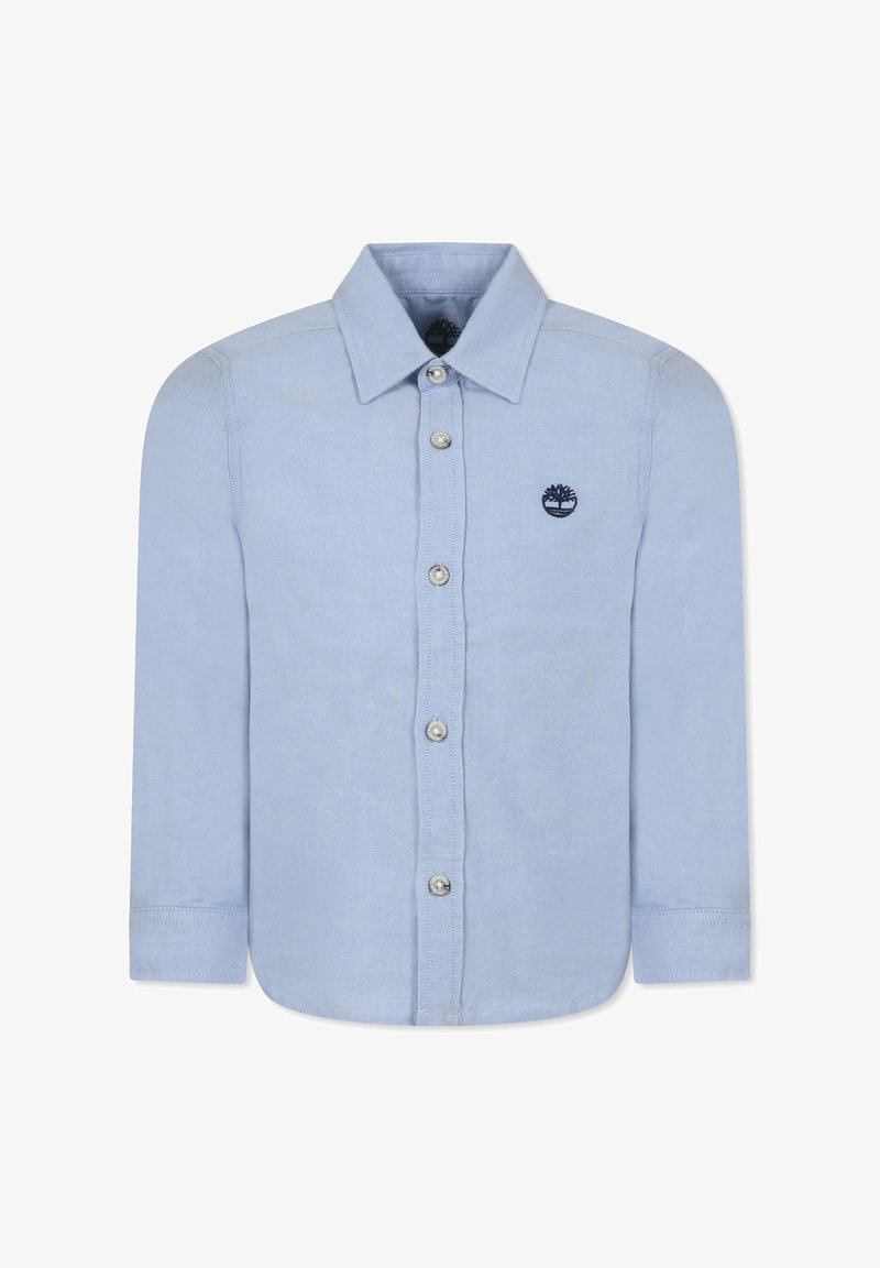 Chemise à manches longues bleu clair en coton, dotée d'un col boutonné, de boutons à l'avant et d'un petit logo brodé sur la poitrine.