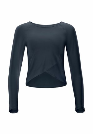 Donkerblauw marineblauw shirt met lange mouwen en een ronde halslijn, voorzien van een wikkelontwerp bij de taille, gemaakt van een gladde, elastische stof.