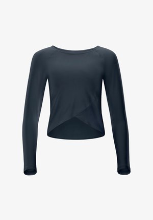 Donkerblauw marineblauw shirt met lange mouwen en een ronde halslijn, voorzien van een wikkelontwerp bij de taille, gemaakt van een gladde, elastische stof.