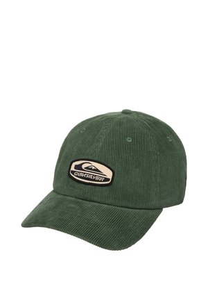 Groene corduroy baseballpet met een gebogen klep en een Quiksilver-logo op de voorkant.