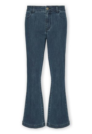 Jeans de mezclilla azul oscuro con un ligero acampanado en el dobladillo, estilo de cinco bolsillos, cierre de botones y trabillas en la cintura.