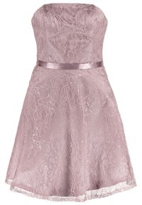 Robe en dentelle rose sans bretelles, longueur genou, avec motif floral et ceinture en satin.