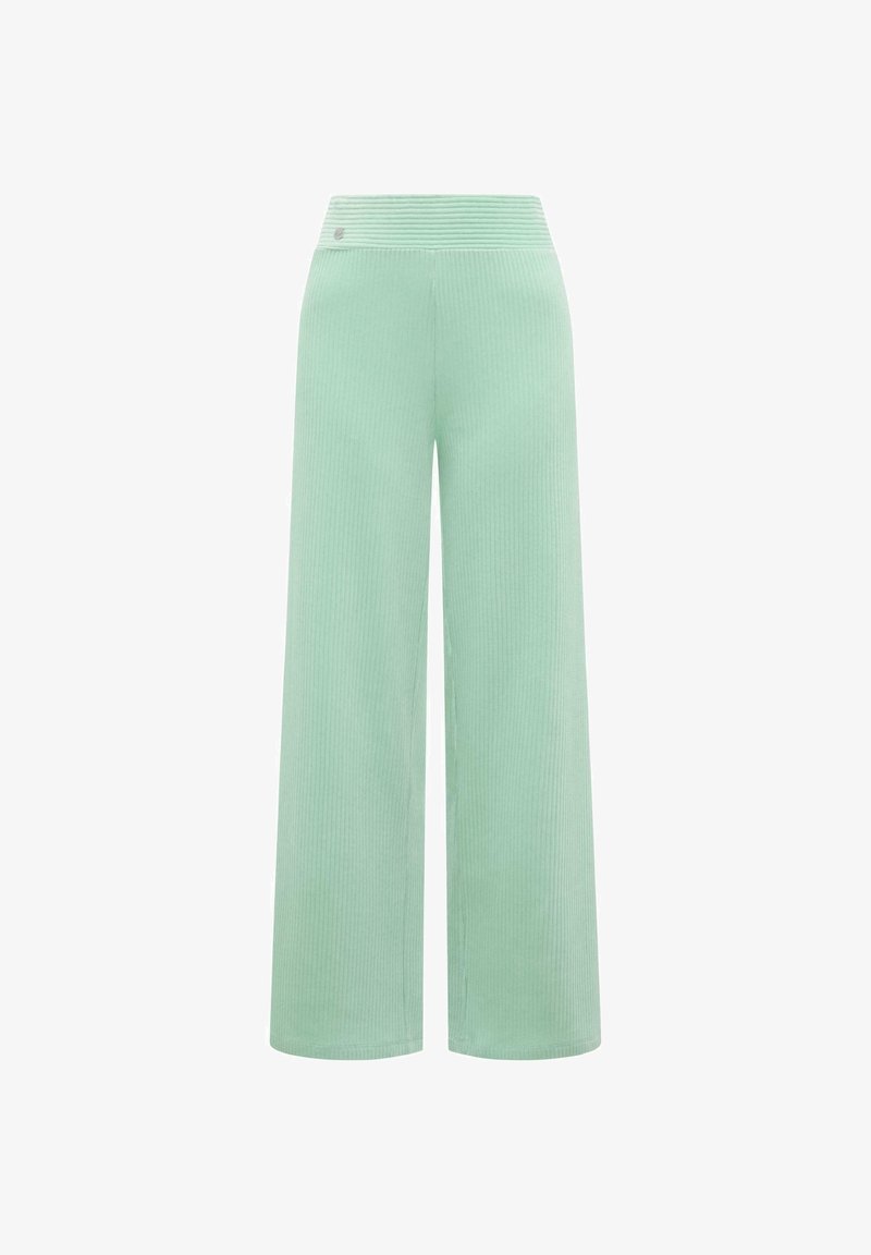 Pantalon large à jambes larges vert clair côtelé, avec une ceinture haute et large, et un petit logo métallique rond sur le côté gauche.
