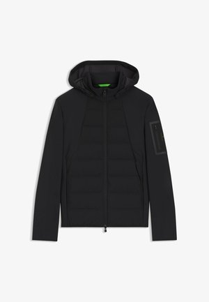 Schwarze Kapuzenjacke mit Frontreißverschluss, gepolstertem Brustpaneel, langen Ärmeln und einer Reißverschlusstasche am linken Oberarm.