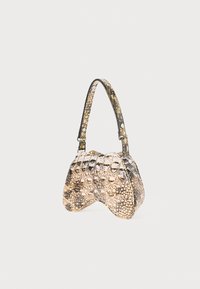 Crocodile-patterned handbag with a glossy black and brown finish, featuring a curved shape and a narrow strap. Textured surface with raised accents.