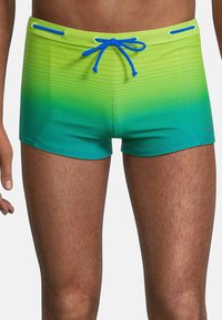 Groene en blauwe gradient zwemshorts met gestructureerde patronen, voorzien van een trekkoordsluiting en contrasterende blauwe accenten bij de tailleband.
