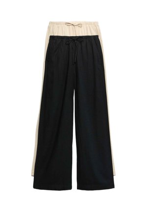 Due paia di pantaloni a gamba larga con cinture elastiche e coulisse, uno nero davanti e uno beige dietro, su sfondo bianco.