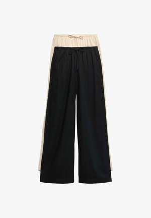 Due paia di pantaloni a gamba larga con cinture elastiche e coulisse, uno nero davanti e uno beige dietro, su sfondo bianco.