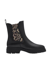Svart läderankelsko med en leopardspräcklig elastisk sidpanel, rund tå och kraftig gummisula. Har en dragflik för enkel påtagning.
