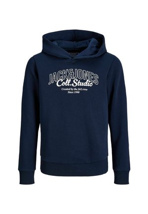 Sweat-shirt bleu marine avec le texte blanc à l'avant "JACK & JONES Coll. Studio Créé par l'équipe J&J Depuis 1990", manches longues et poignets et ourlet côtelés.