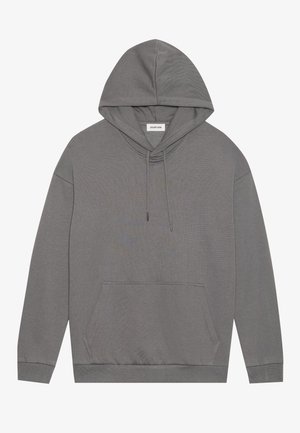 Gray hooded sweatshirt made of soft fabric. Features a front pocket, drawstring hood, and ribbed cuffs and hem. Simple, minimal design.