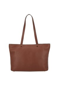 Bordeaux leren tote bag met een gladde textuur, twee schouderbanden en details in goudkleurig beslag; heeft een minimalistisch ontwerp en een open bovenkant.