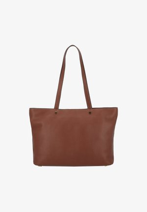 Sac fourre-tout en cuir marron avec texture lisse, deux poignées, et détails en métal doré ; présente un design minimaliste et un compartiment ouvert.