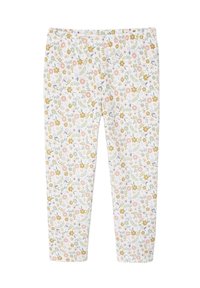 Floral leggings with an elastic waistband, featuring a white base, multicolored flower patterns, and soft cotton material.