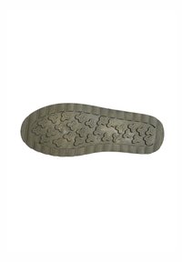 Suela de zapato de goma con una superficie texturizada que presenta un patrón de formas triangulares y surcos rectangulares; color grisáceo con ligero desgaste.