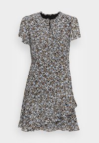 Blumenkleid mit kurzen Ärmeln, schwarzem Hintergrund, hellblauen und beigen Blumen, Rüschen-Saum, runder Ausschnitt, Knopfdetails.