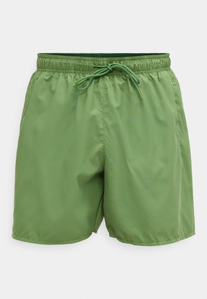 Grønne badeshorts lavet af letvægtsstof med elastik i taljen og snøre samt en glat tekstur.