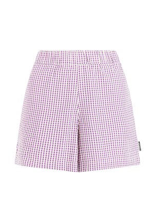 Paarse en witte geruite short met elastische tailleband, voorzien van een comfortabele pasvorm en een label aan de zijkant. Gladde stoftextuur.