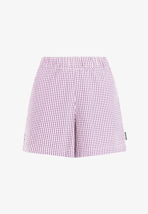 Paarse en witte geruite short met elastische tailleband, voorzien van een comfortabele pasvorm en een label aan de zijkant. Gladde stoftextuur.