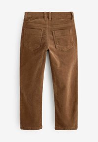 Pantalons en velours côtelé marron, avec une coupe droite, cinq poches et un revêtement texturé à côtes verticales, dotés d'une taille avec passants de ceinture.