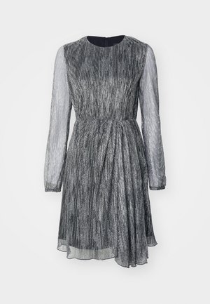 Short-sleeve dress with a fitted waist, pleated design, metallic silver fabric, and sheer long sleeves, featuring a round neckline and back zipper.